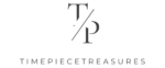 Timepiece Treasures logo featuring a bold TP monogram in metallic tones on a black background